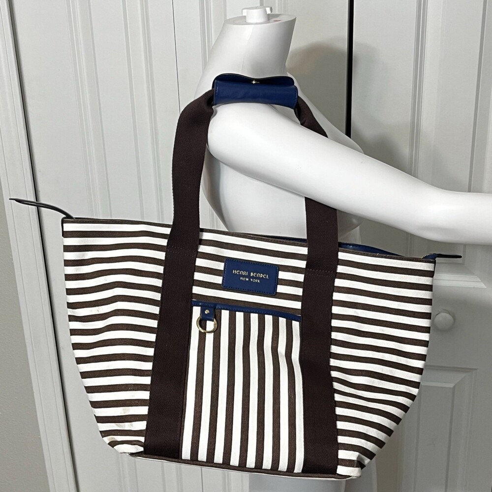 Henri Bendel Striped Zip Top XL Canvas Tote Beach Bag Brown Stripes Navy Lined